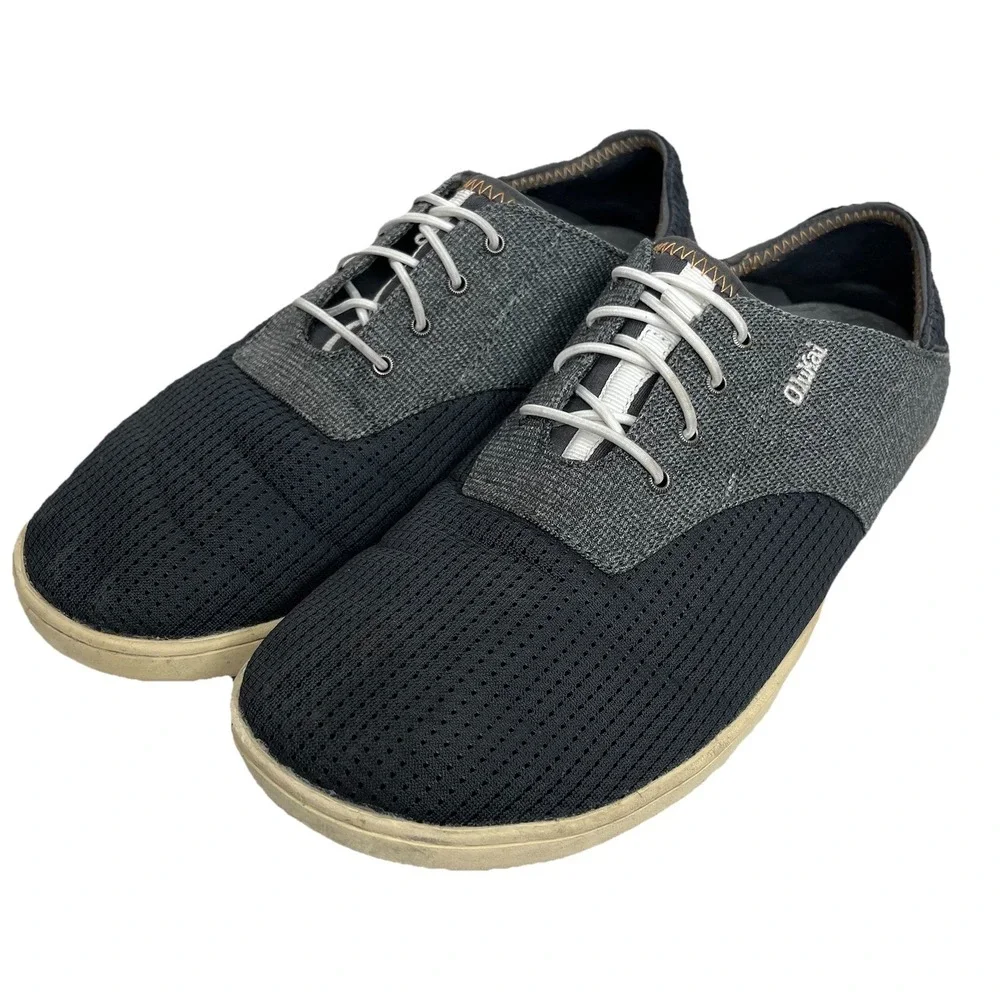 OluKai Nohea Moku Men's Boat Shoes Lace-Up Breathable Mesh Gray/Black US 8.5